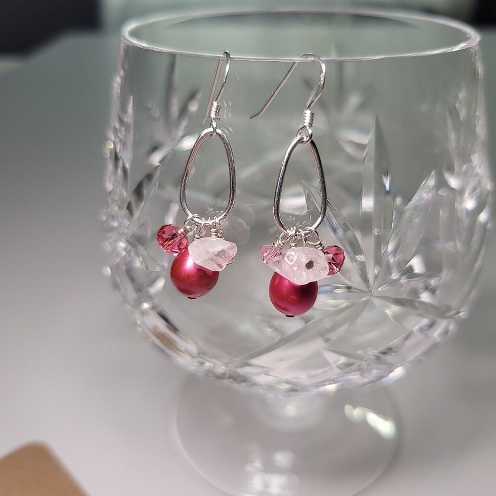 NWT Loot & Love Handmade Sterling Silver Earrings Pearl Crystal Rose Qua…